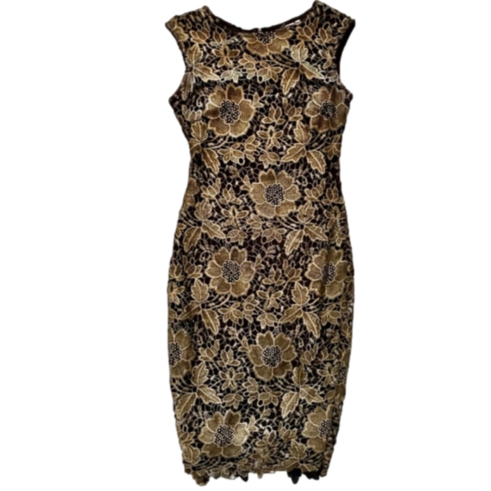 NEW York and CO GOLD and black Lace Midi Sheath‎ Party Dress size 10
